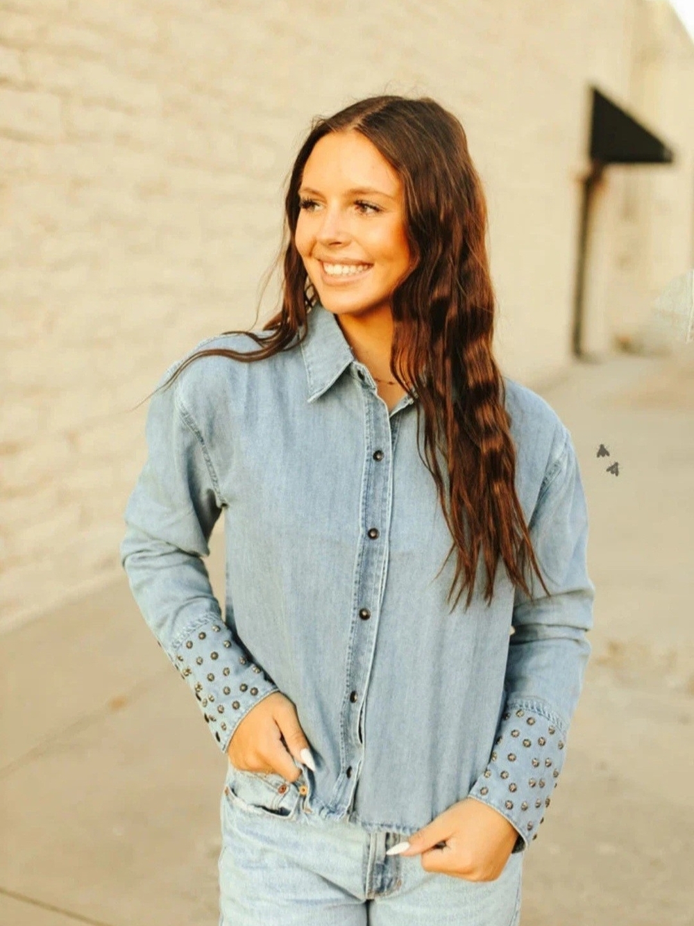Studded Cuff Light Blue Denim Trails Button Down Top